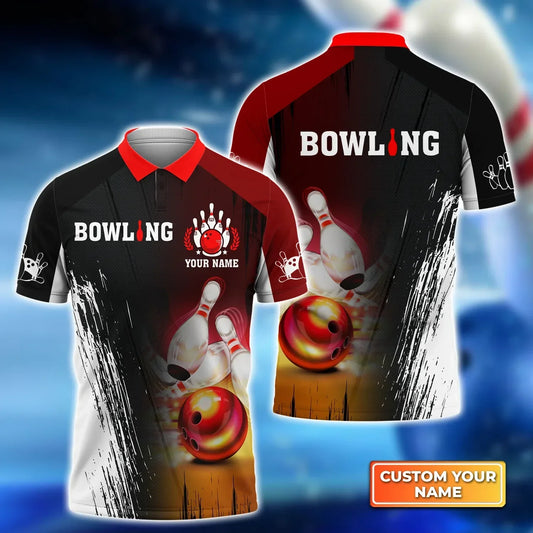 BlueJose Black And Red Bowling Classic Customized Name 3D Shirt