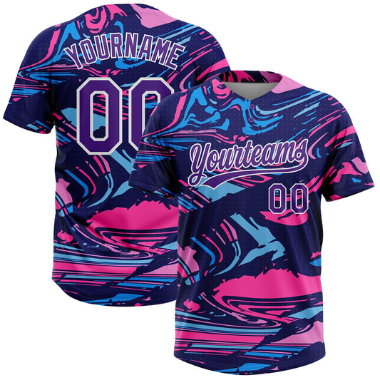 BlueJose Personalized Figure Purple Navy-Pink 3D Pattern Two-Button Unisex Softball Jersey