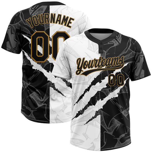 BlueJose Personalized Graffiti Pattern Black-Old Gold 3D Two-Button Unisex Softball Jersey