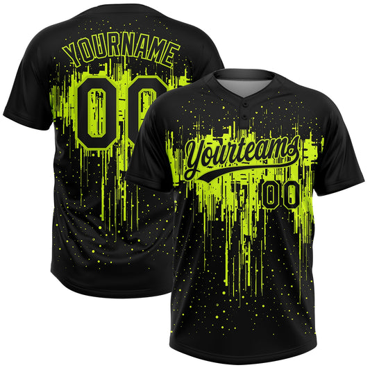 BlueJose Personalized Black Black-Neon Green 3D Pattern Two-Button Unisex Softball Jersey
