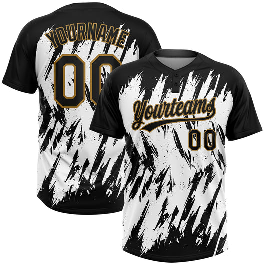 BlueJose Personalized White Black-Old Gold 3D Pattern Two-Button Unisex Softball Jersey