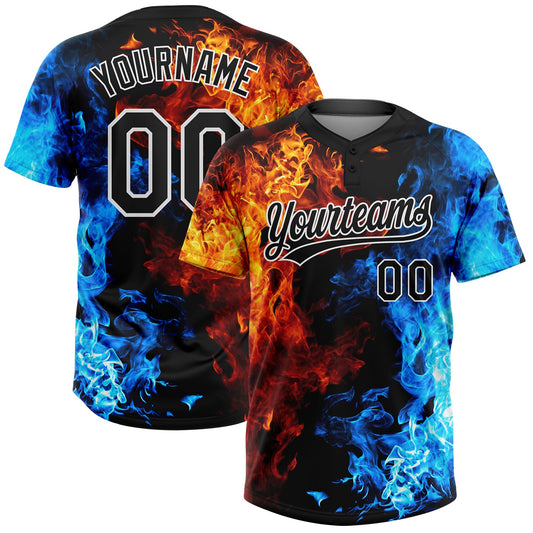 BlueJose Personalized Figure Black-White 3D Pattern Flame Two-Button Unisex Softball Jersey