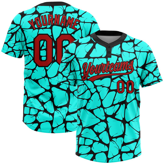 BlueJose Personalized Aqua Red-Black 3D Pattern Two-Button Unisex Softball Jersey