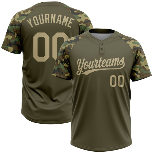 BlueJose Personalized Olive Vegas Gold-Camo 3D Pattern Salute To Service Two-Button Unisex Softball Jersey