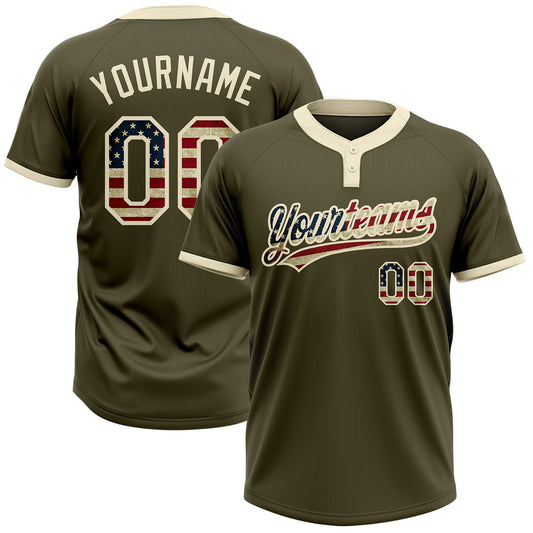 BlueJose Personalized Olive Vintage USA Flag-Cream Salute To Service Two-Button Unisex Softball Jersey
