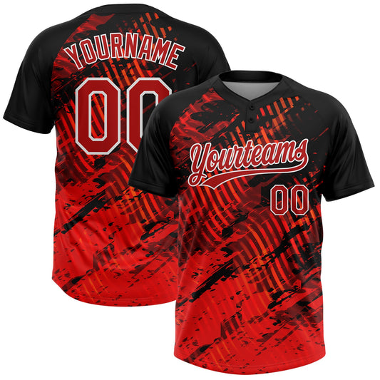 BlueJose Personalized Black Red-White 3D Pattern Two-Button Unisex Softball Jersey