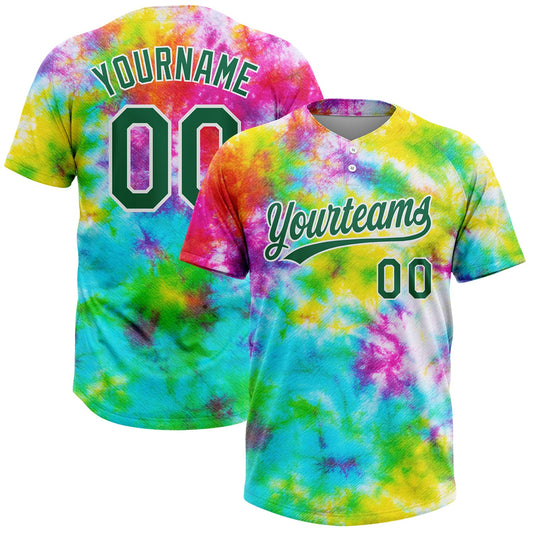 BlueJose Personalized Tie Dye Kelly Green-White 3D Rainbow Two-Button Unisex Softball Jersey