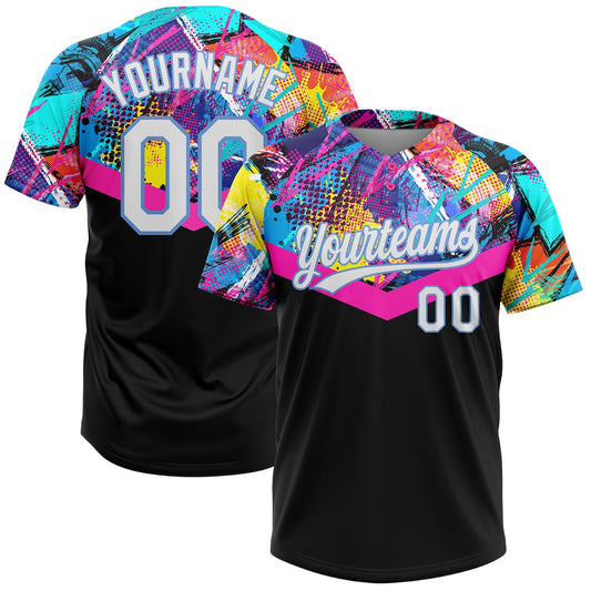 BlueJose Personalized Black White-Light Blue 3D Pattern Two-Button Unisex Softball Jersey