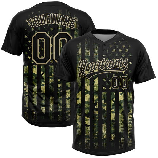 BlueJose Personalized Camo Black-Old Gold 3D American Flag Salute To Service Two-Button Unisex Softball Jersey