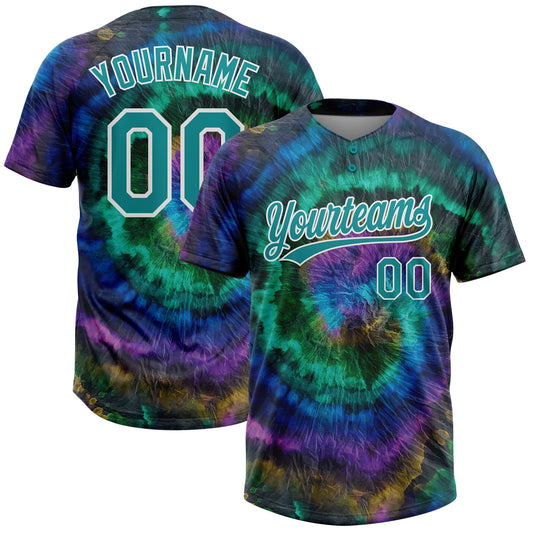 BlueJose Personalized Tie Dye Teal-White 3D Two-Button Unisex Softball Jersey