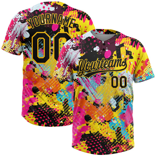 BlueJose Personalized Graffiti Pattern Black-Gold 3D Bright Psychedelic Two-Button Unisex Softball Jersey