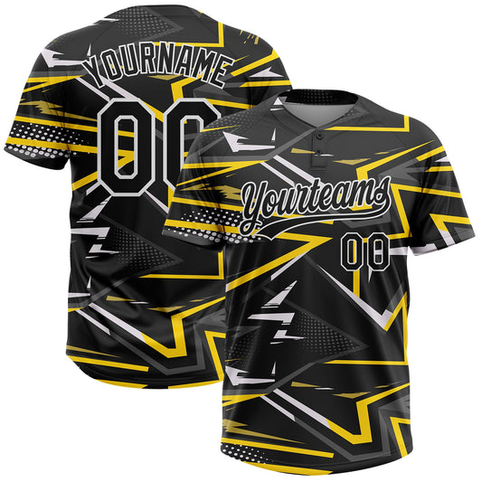 BlueJose Personalized Black Black-Gold 3D Pattern Two-Button Unisex Softball Jersey