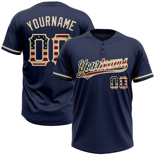 BlueJose Personalized Navy Vintage USA Flag-City Cream Two-Button Unisex Softball Jersey