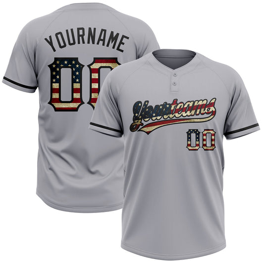 BlueJose Personalized Gray Vintage USA Flag-Black Two-Button Unisex Softball Jersey