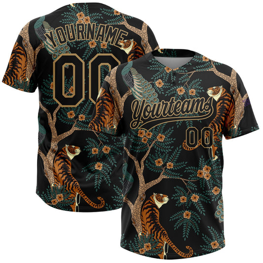 BlueJose Personalized Black Old Gold 3D Pattern Tiger And Peacock Two-Button Unisex Softball Jersey