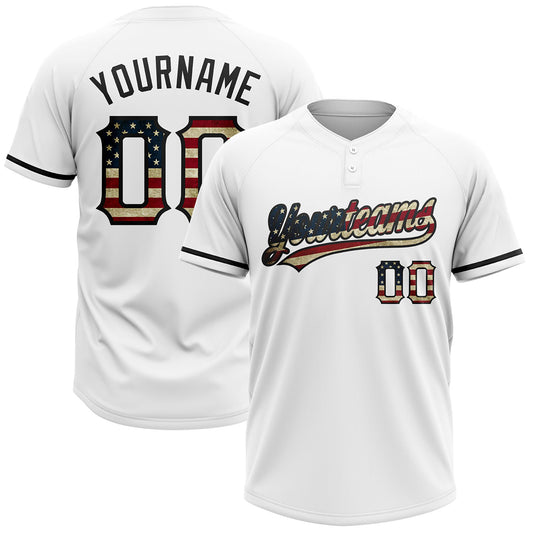 BlueJose Personalized White Vintage USA Flag-Black Two-Button Unisex Softball Jersey