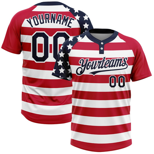 BlueJose Personalized White Navy-Red 3D American Flag Fashion Two-Button Unisex Softball Jersey