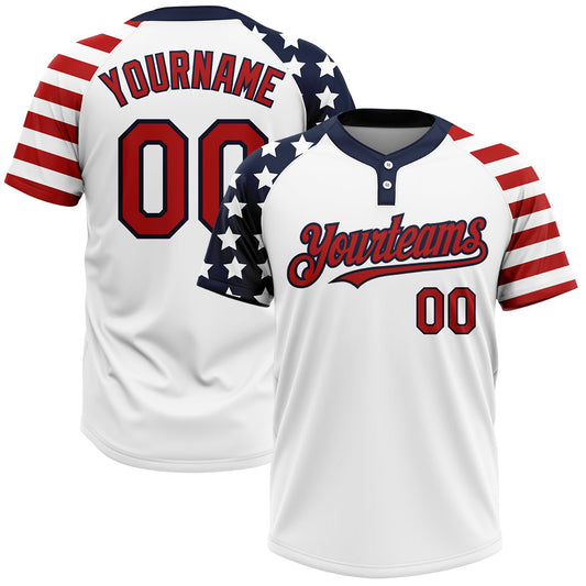 BlueJose Personalized White Red-Navy 3D American Flag Fashion Two-Button Unisex Softball Jersey