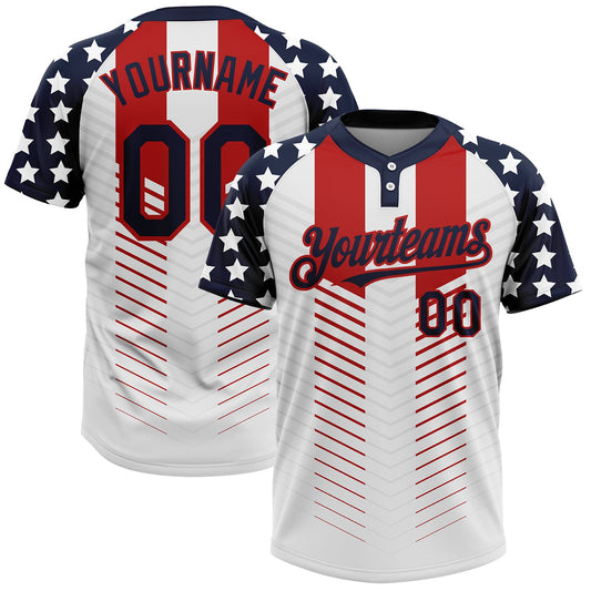 BlueJose Personalized White Navy-Red 3D American Flag Fashion Two-Button Unisex Softball Jersey