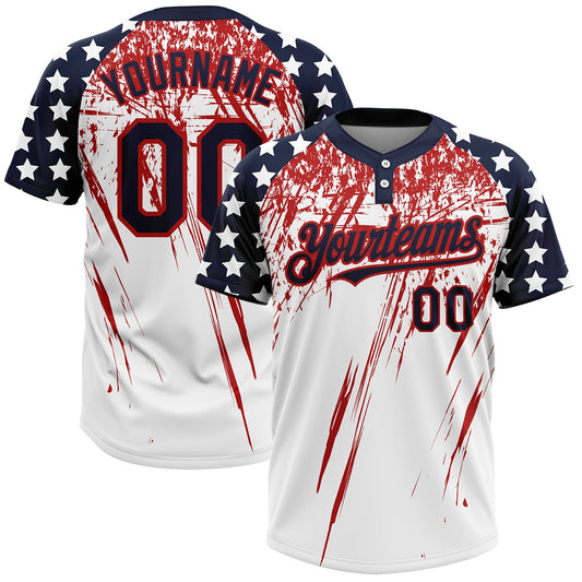 BlueJose Personalized White Navy-Red 3D American Flag Fashion Two-Button Unisex Softball Jersey