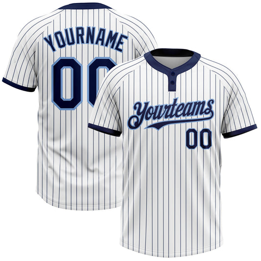 BlueJose Personalized White Navy Pinstripe Light Blue Two-Button Unisex Softball Jersey