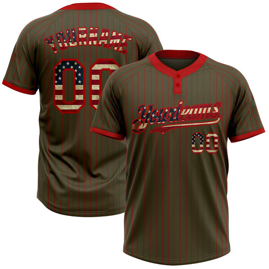 BlueJose Personalized Olive Red Pinstripe Vintage USA Flag Salute To Service Two-Button Unisex Softball Jersey