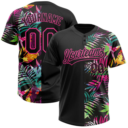 BlueJose Personalized Black Pink 3D Pattern Hawaii Tropical Palm Leaves Two-Button Unisex Softball Jersey