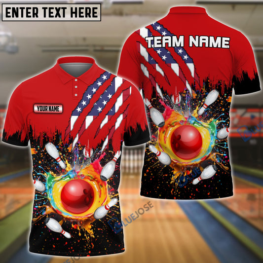 BlueJose Bowling And Pins Scratch US Flag Pattern Multicolor Personalized Name 3D Shirt, Personalized Shirts For Bowling Players