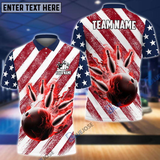 BlueJose Bowling and Pins American Flag Color Customized Name, Team Name 3D Shirt