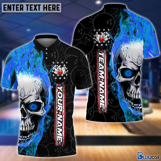BlueJose Personalized Name and Team Name Skull Fire Winner Bowling and Pins Multicolor 3D Shirt, Personalized Shirts For Bowling Players
