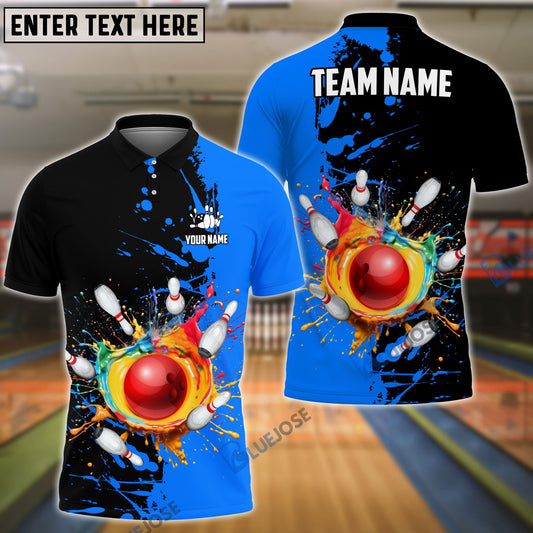 BlueJose Bowling And Pins Ink Break Pattern Customized Name, Team Name 3D Shirt (4 Colors)