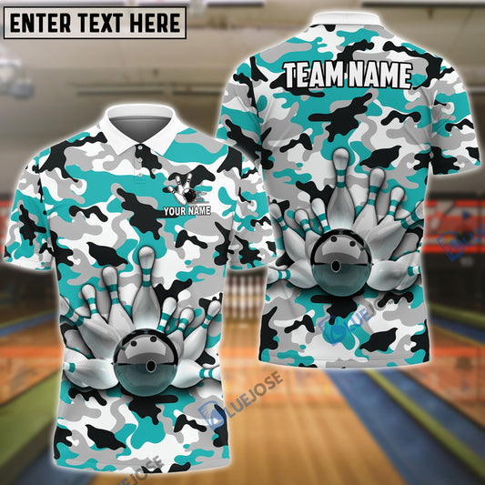 BlueJose Bowling And Pins Color Camo Pattern Customized Name, Team Name 3D Shirt (4 Colors)