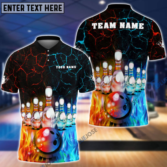 BlueJose Fire and Water Bowling And Pins Personalized Name Team Name 3D Shirt, Personalized Shirts For Bowling Players