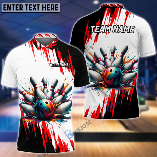 BlueJose Bowling And Pins Black Red Customized Name 3D Shirt