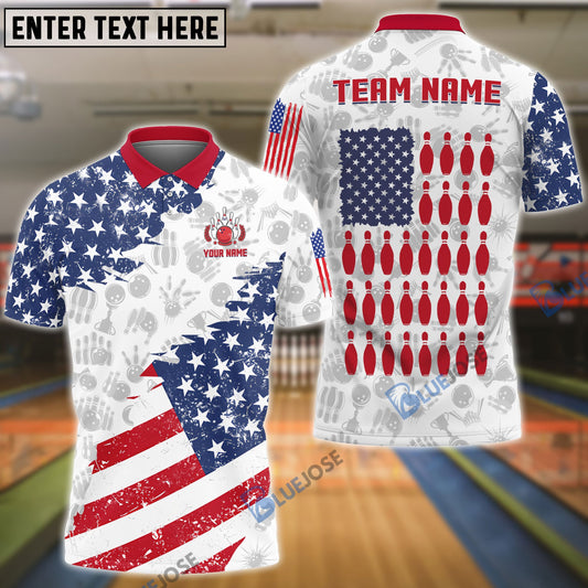 BlueJose Bowling And Pins US Flag Bowling Pattern Customized Name, Team Name 3D Shirt (Black & White)
