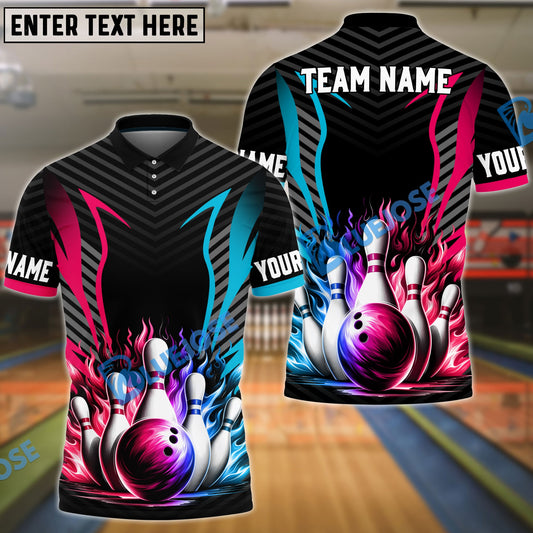 BlueJose Bowling And Pins Pink Blue Customized Name 3D Shirt