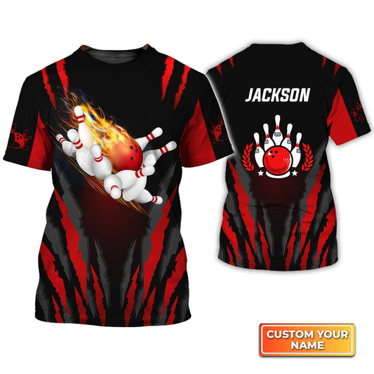BlueJose Bowling Ball in Flames Breaks White Skittles Personalized Name 3D Shirt