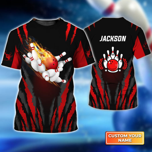 BlueJose Bowling Ball in Flames Breaks White Skittles Personalized Name 3D Shirt