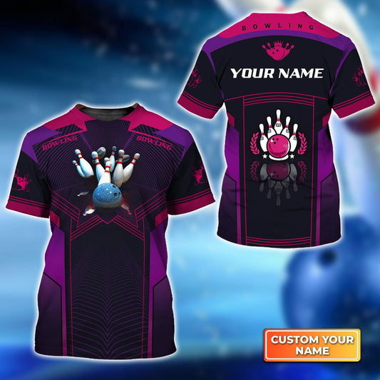 BlueJose The Blue Bowling Ball Crashing The Pins Purple Pattern Personalized Name 3D Shirt