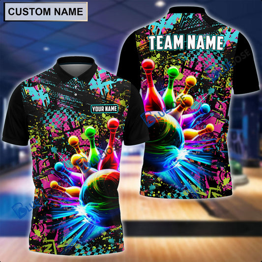 BlueJose Personalized Name and Team Name Paint Colorful Bowling and Pins 3D Shirt