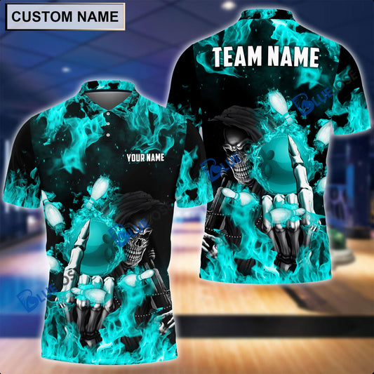 BlueJose Personalized Name and Team Name Fire Skull Bowling and Pins 3D Shirt, Personalized Shirts For Bowling Players