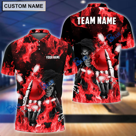 BlueJose Personalized Name and Team Name Fire Skull Bowling and Pins 3D Shirt