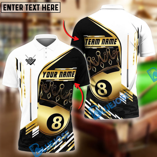 BlueJose Billiards 8-Ball Pool Champion Golden Personalized Name & Team Name Shirt (4 Colors)