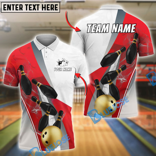 BlueJose Bowling And Pins Elegant Strike Gold Ball & Black Pins Design Customized Name 3D Shirt (4 Colors)