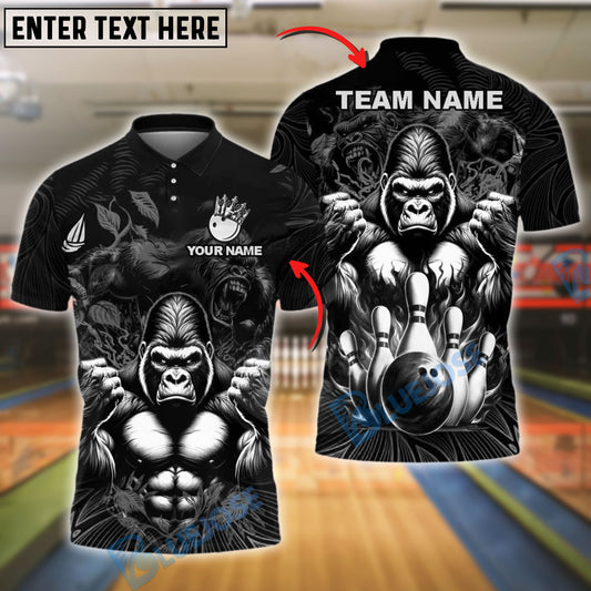 BlueJose Bowling And Pins Gorilla Strike Customized Name, Team Name 3D Shirt (4 Colors)