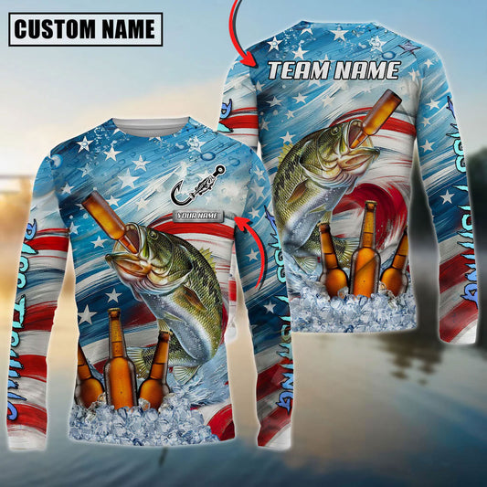 Bluejose Bass Fishing Beer & Usa Flag Graphic Custom Name & Team Name 3D Shirts
