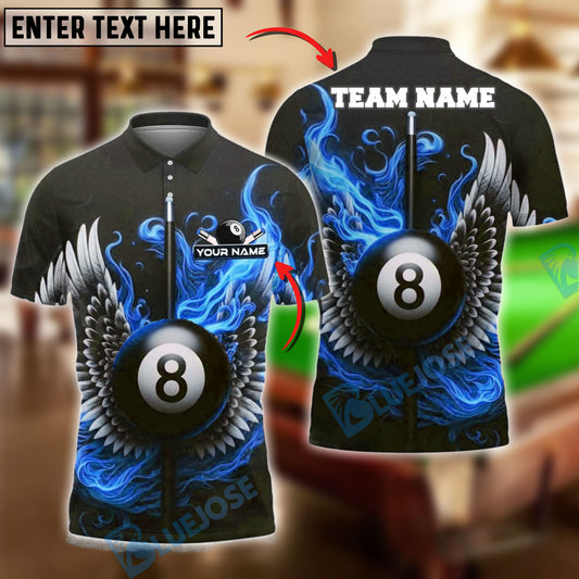 BlueJose Billiards Flaming Wings 8-Ball Personalized Name Shirt (4 Colors)