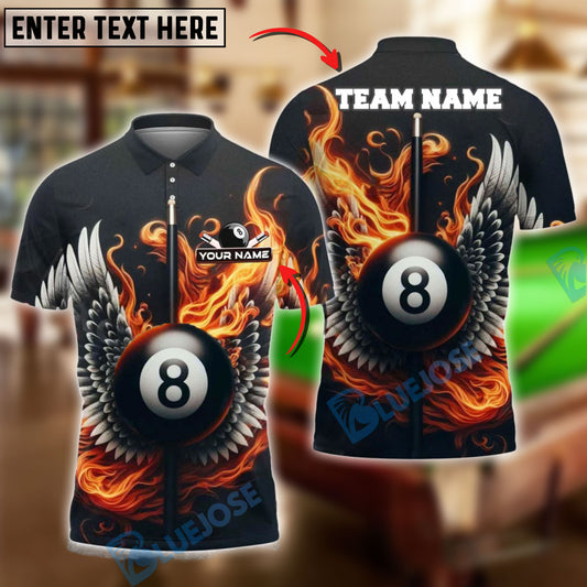 BlueJose Billiards Flaming Wings 8-Ball Personalized Name Shirt (4 Colors)