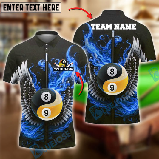 BlueJose Billiards Flaming Wings Yin-Yang 8 & 9 Ball Personalized Name Shirt (4 Colors)