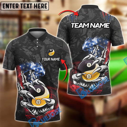 BlueJose Billiards Ball 8 & 9 Yinyang Funny Claw Tearing US Flag Personalized Name, Team Name Unisex Shirt